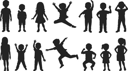 Children silhouette vector illustration, kids playing, jumping, standing, posing, happy childhood moments, boy girl figures, fun activity design, black outline
