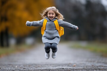 happy girl jumping, child with yellow backpack, image for school campaign