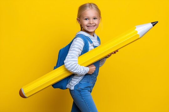 girl with giant pencil, smiling student, image for education blog