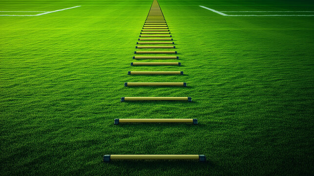 Agility ladder stretches across green artificial turf field for sports training. - Powered by Adobe