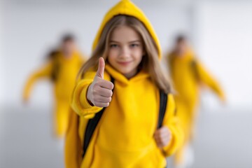 Thumbs up in yellow hoodie School backpack visible Ideal for youth education ad
