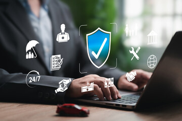 Businessman Showing Insurance Icons for Travel and Car Protection Concept, Digital Coverage All time, Safe Journey, Vehicle Risk, Policy Assurance, Security, Financial Safety Service, Injuries, family