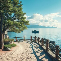 Scenic coastal pathway with a view of a tranquil sea and distant mountains