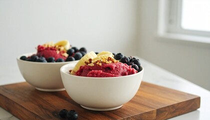 Acai Bowl with Blueberries and Bananas on a Wooden Cutting Board, Healthy Dessert on a Wood Board with Fruit and Granola