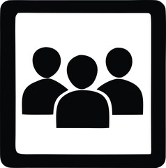 Simple black and white icon representing a group of three people standing together in a square frame