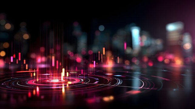 Futuristic financial stock market graph with neon hologram, cryptocurrency data, blockchain technology, AI analytics, fintech business, economic growth, trading background, digital investment, 