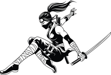 Dynamic black and white illustration of a female ninja in a flying action pose, wielding a katana sword. A powerful and stylized design perfect for gaming, martial arts, and comic book themes.