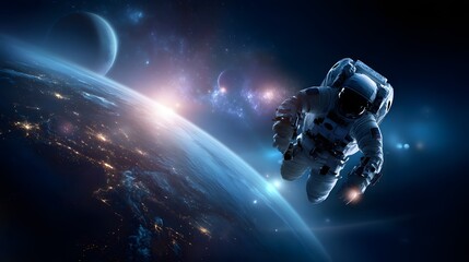 Astronaut floating in space with Earth background, futuristic spacecraft, interstellar travel, cosmic exploration, space technology, future science innovation, galaxy stars, deep space mission, 