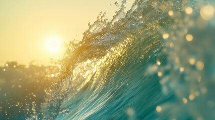 Fototapeta premium Wave breaks and crests in the ocean, illuminated by the golden light of the setting sun.