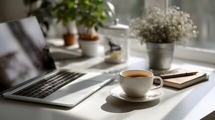 Minimalist workspace with laptop, coffee cup, modern desk setup, productivity background, creative office design, home office inspiration, clean white interior, Scandinavian style, natural light, 