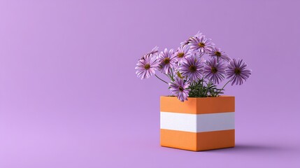 A cute orange pot with a simple shape with small daisies in a simple and clean composition, high saturation and soft light, exuding fresh, natural beauty, elegance and warmth.