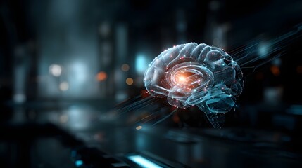Glowing AI brain hologram, futuristic digital intelligence, neural network visualization, machine learning background, deep learning concept, data science technology, artificial intelligence 