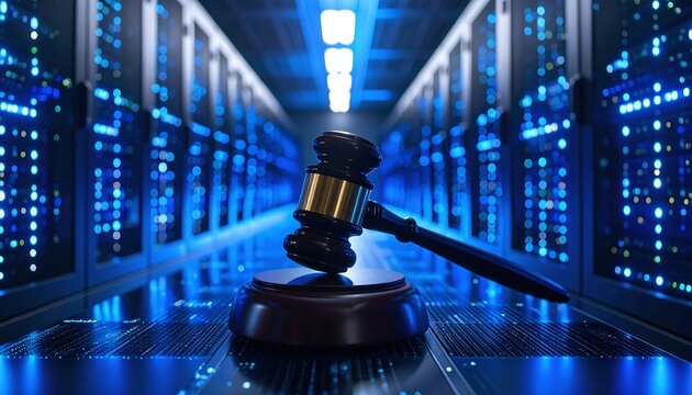 Cyber Justice Gavel in Server Room. - Powered by Adobe