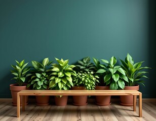 Fototapeta premium Tranquil Indoor Plant Display with Wooden Bench