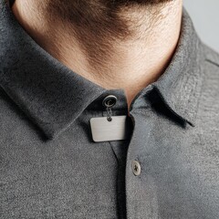 A man wearing a grey shirt with a silver tag on the collar
