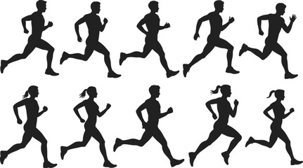 Running silhouette illustration, jogging man and woman, fitness athlete, outdoor marathon exercise, sports training, healthy lifestyle, vector workout design, activity
