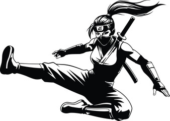 Dynamic female ninja warrior in a flying kick action pose. A fierce black and white illustration perfect for gaming, martial arts, and comic book concepts.
