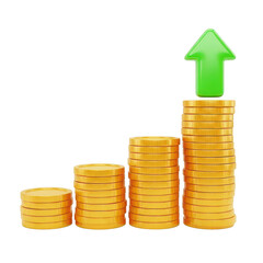 Stacks of coins with green arrow on transparent background