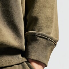 A person is wearing a green sweatshirt