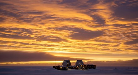 Sunset over the antarctic research station with colorful clouds above the horizon