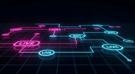 Glowing network diagram with live nodes and brt node on a grid in pink and blue on a dark background ai generated