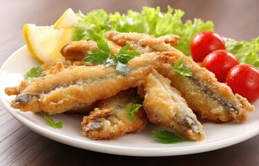 Fototapeta premium Crispy fried fish served with lemon, lettuce, and cherry tomatoes on a plate