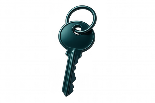 3d rendering of a shiny metallic teal key with a ring on a transparent background, ideal for concepts related to security, access, and problem-solving