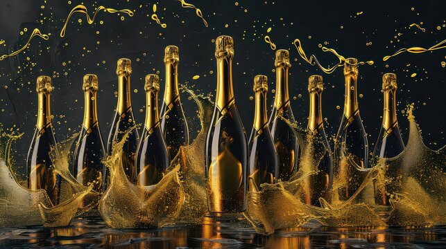A row of champagne bottles with gold accents surrounded by splashes of golden liquid on a dark background