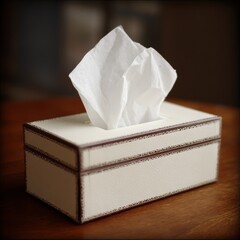 A tissue box with a white tissue inside