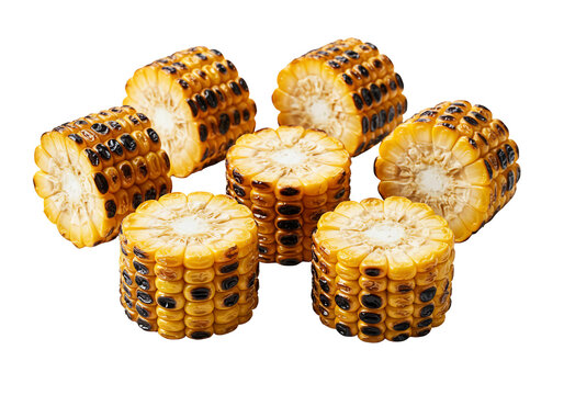 Grilled corn kernel round sections on transparent background food photography