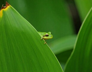Verdant encounter: A tiny green tree frog perched on the edge of a lush leaf