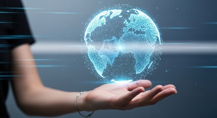 The digital world in the palm of a hand, representing global technology, communication, and future innovation with a network connection and social media concept