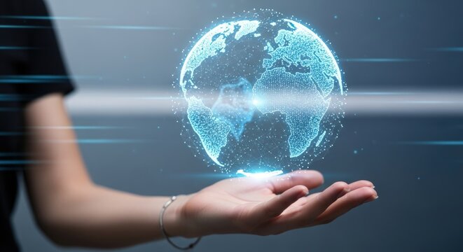 The digital world in the palm of a hand, representing global technology, communication, and future innovation with a network connection and social media concept