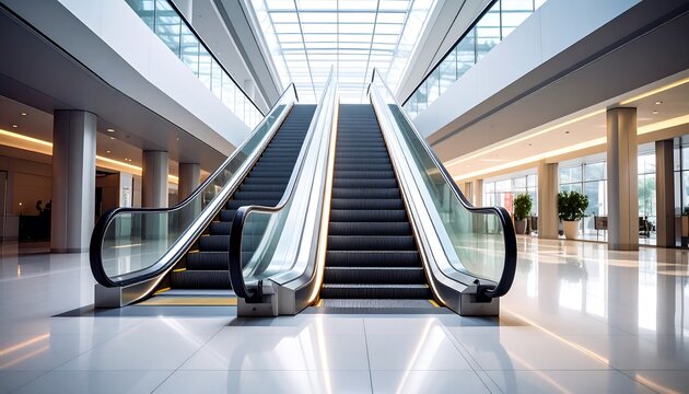 Modern, bright interior with two escalators ascending towards a glass ceiling