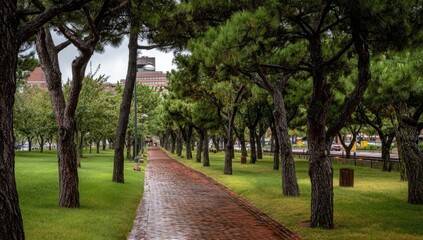 Obraz premium Rainy brick path through park