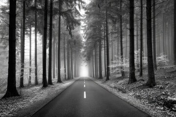 Black and white forest road, misty path