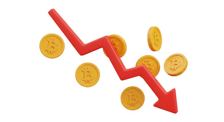 3d bitcoin coins with downward arrow isolated on transparent background