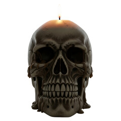 Obraz premium A detailed, eerie skull shaped candle burns brightly, with melted wax dripping down its features, creating a spooky and atmospheric visual.