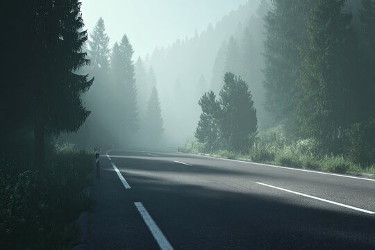 Misty mountain road through pine forest - Powered by Adobe