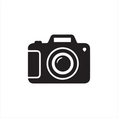 Camera icon in black silhouette style on white background. Simple vector illustration of a digital camera symbol, perfect for photography logo, app, website, or user interface design