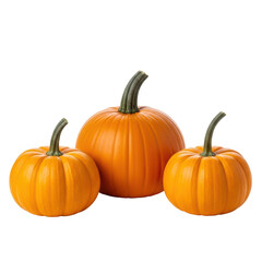 Obraz premium A trio of bright orange pumpkins with green stems, perfect for fall harvest, halloween, or thanksgiving decorations and seasonal themes.