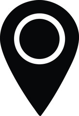 A stark black and white graphic of a classic map pin icon with a white circle inside symbolizing location or navigation