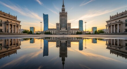Naklejka premium City buildings reflected in a puddle during golden hour light.