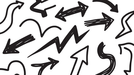 Set of diverse handdrawn arrows and directional symbols isolated on white background