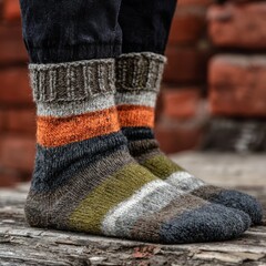 A person is standing with their feet on a wooden surface