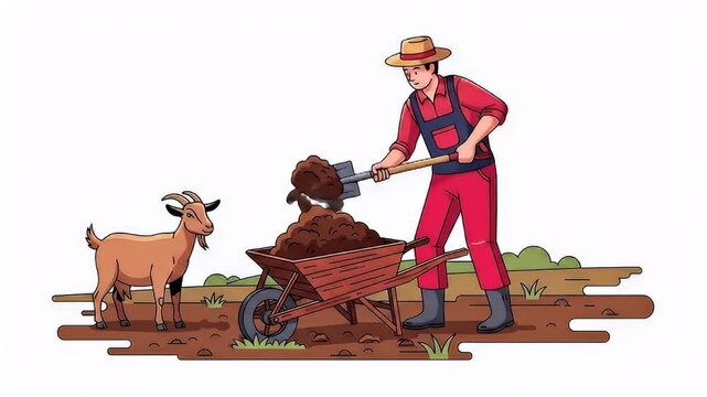 Hardworking farmer loading soil into wheelbarrow near friendly goat illustration animation loop
