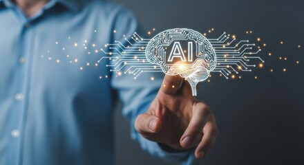 A person touching an ai brain hologram, symbolizing artificial intelligence, machine learning, and the future of technology in business and communication