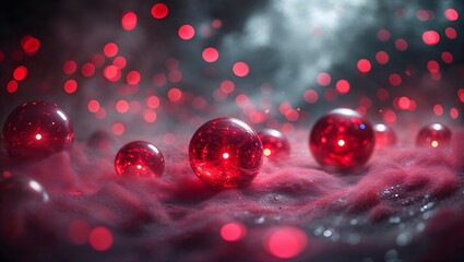 Ethereal red spheres on textured surface with bokeh lights and dark background
