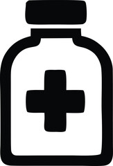 Simple black silhouette of a medical bottle with a prominent red cross symbol indicating healthcare and pharmaceutical products