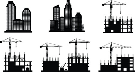 Obraz premium City skyline and construction site silhouette with cranes, high-rise buildings, urban development, architectural growth, black vector illustration